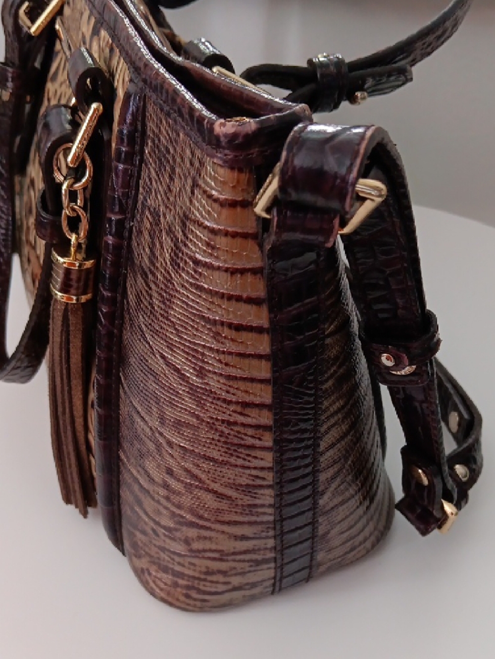 Brahmin Embossed Floral Satchel in Brown and Tan - Picture 4 of 14